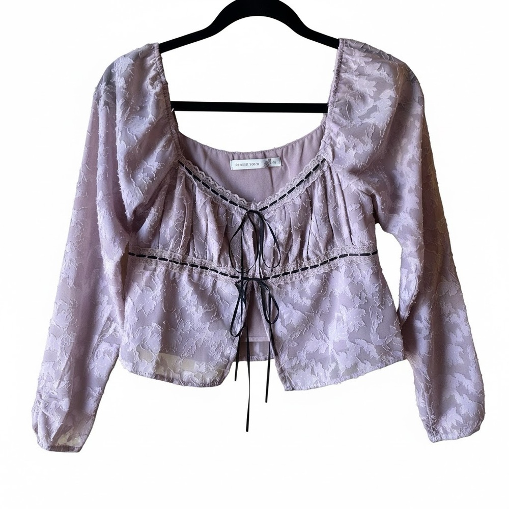 Altar’d State Light Pink Floral Lace Tie Crop Top Boho Long Sleeve Size Small